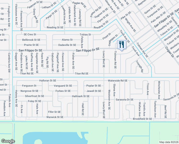 map of restaurants, bars, coffee shops, grocery stores, and more near 525 Titan Road Southeast in Palm Bay
