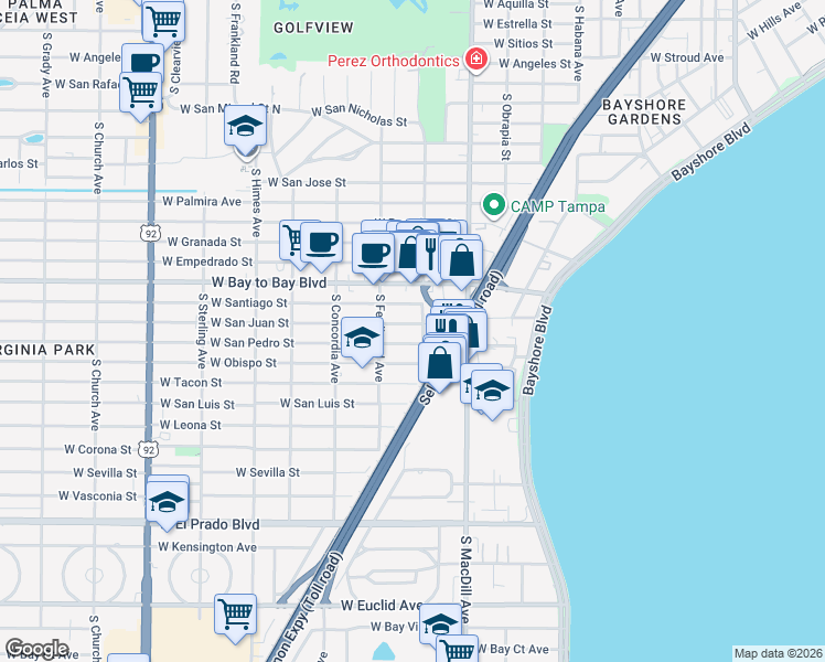 map of restaurants, bars, coffee shops, grocery stores, and more near 3107 South Esperanza Avenue in Tampa