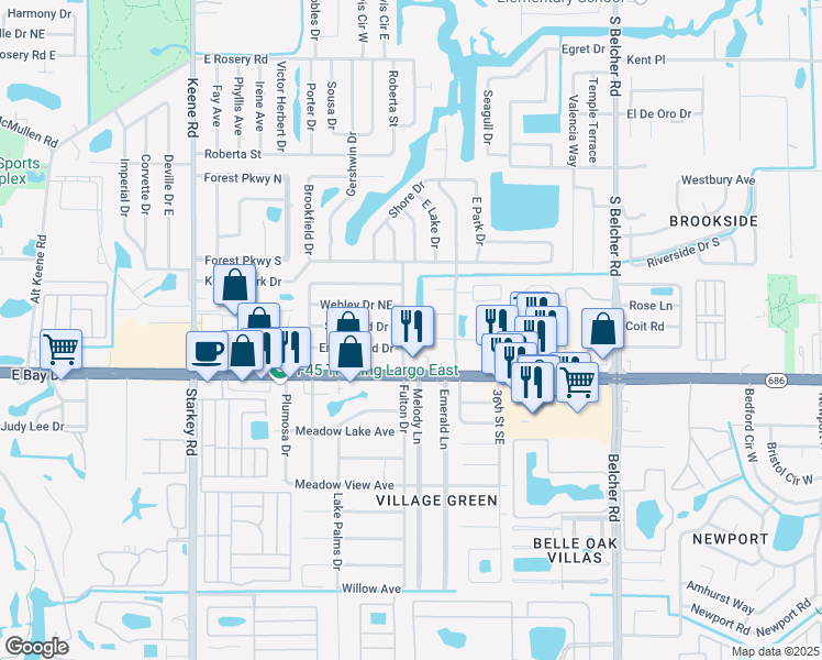 map of restaurants, bars, coffee shops, grocery stores, and more near 3300 Sherwood Drive in Largo