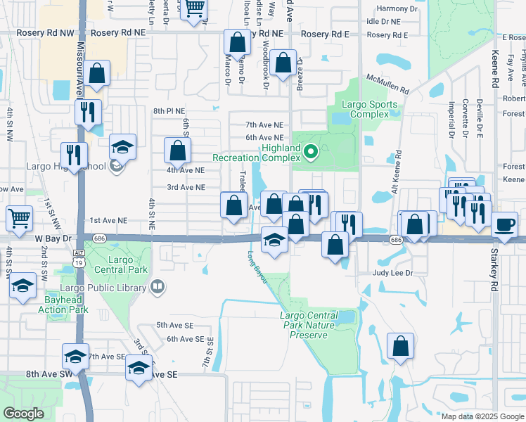 map of restaurants, bars, coffee shops, grocery stores, and more near 1169 2nd Avenue Northeast in Largo