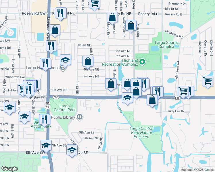 map of restaurants, bars, coffee shops, grocery stores, and more near 851 2nd Avenue Northeast in Largo