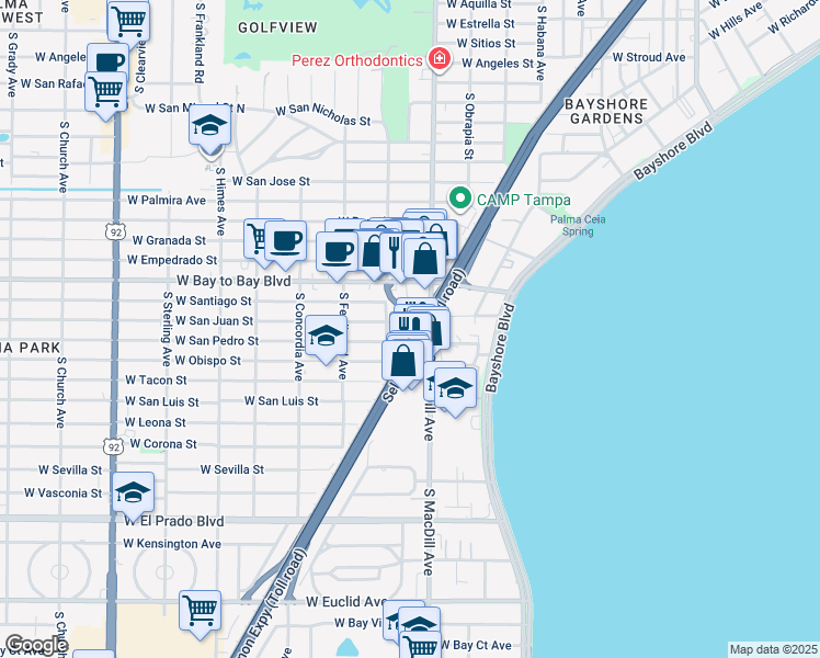 map of restaurants, bars, coffee shops, grocery stores, and more near 3102 West San Juan Street in Tampa