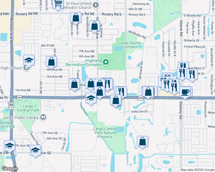 map of restaurants, bars, coffee shops, grocery stores, and more near 903 Cara Drive in Largo