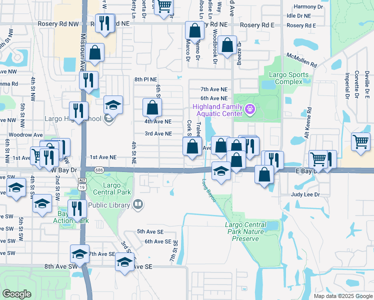 map of restaurants, bars, coffee shops, grocery stores, and more near 851 2nd Avenue Northeast in Largo