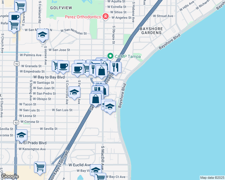 map of restaurants, bars, coffee shops, grocery stores, and more near 2906 Janice Way in Tampa