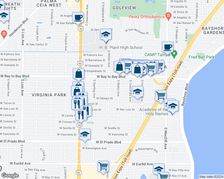 map of restaurants, bars, coffee shops, grocery stores, and more near 3512 West San Juan Street in Tampa