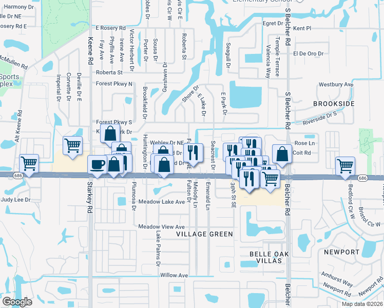 map of restaurants, bars, coffee shops, grocery stores, and more near 3300 Sherwood Drive in Largo