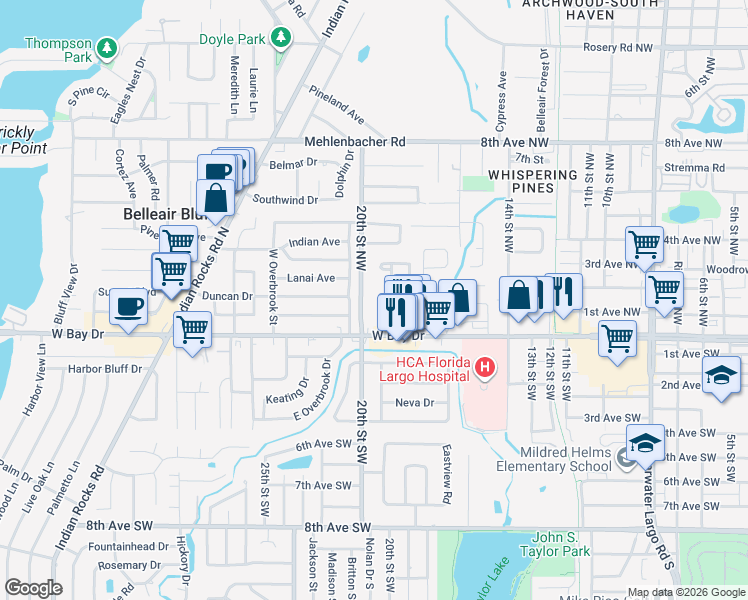 map of restaurants, bars, coffee shops, grocery stores, and more near 1975 West Bay Drive in Largo