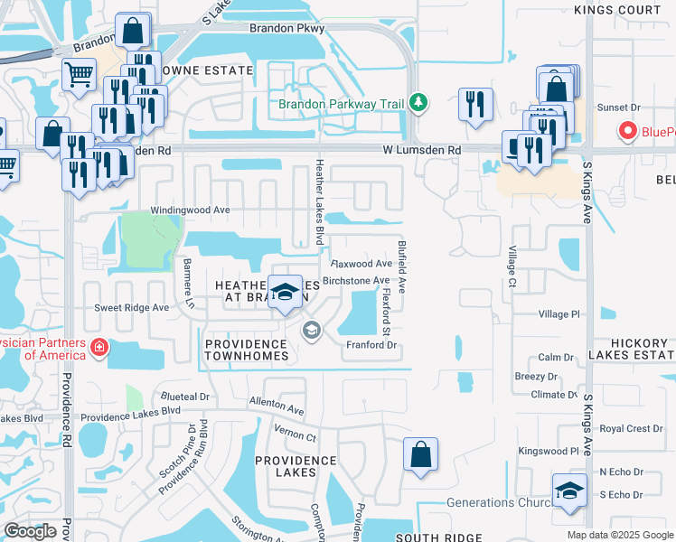 map of restaurants, bars, coffee shops, grocery stores, and more near 1446 Birchstone Avenue in Brandon