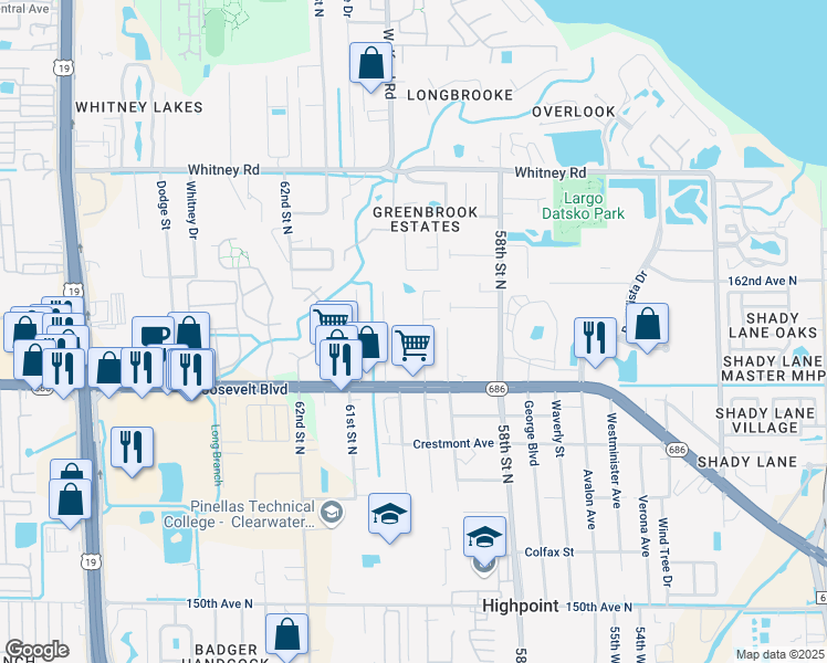 map of restaurants, bars, coffee shops, grocery stores, and more near 2142 Bradford Street in Clearwater