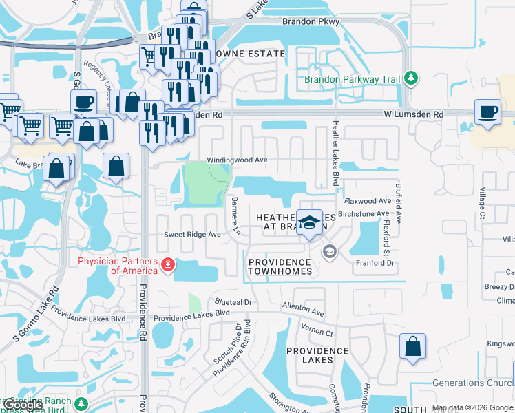 map of restaurants, bars, coffee shops, grocery stores, and more near 1205 Sweet Gum Drive in Brandon