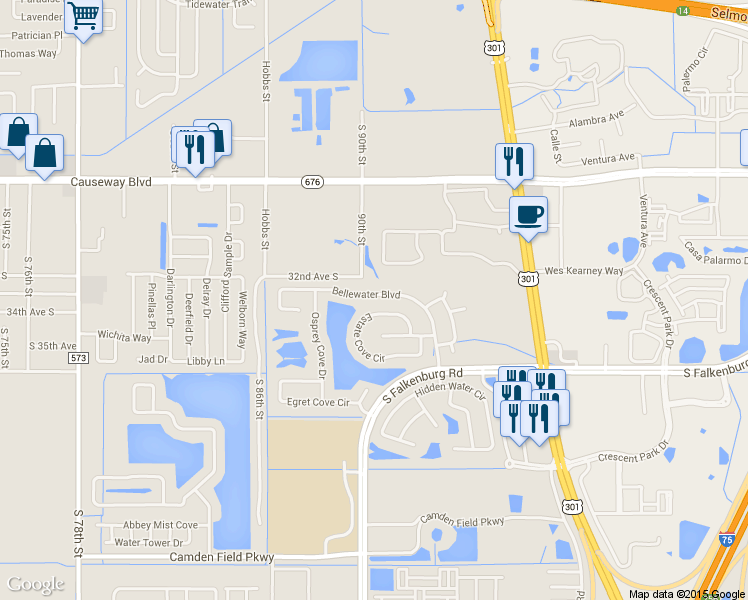 map of restaurants, bars, coffee shops, grocery stores, and more near 3835 Bellewater Boulevard in Riverview
