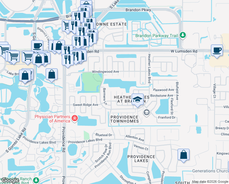 map of restaurants, bars, coffee shops, grocery stores, and more near 1205 Sweet Gum Drive in Brandon