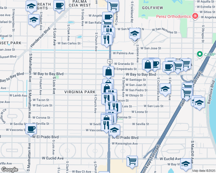map of restaurants, bars, coffee shops, grocery stores, and more near 3113 South Dale Mabry Highway in Tampa