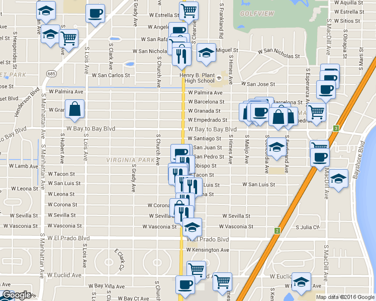 map of restaurants, bars, coffee shops, grocery stores, and more near 3720 W San Juan St in Tampa