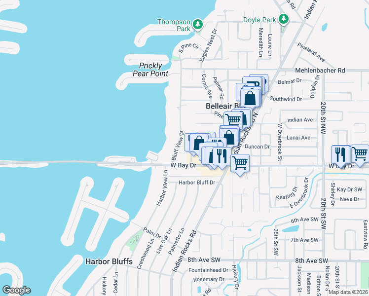 map of restaurants, bars, coffee shops, grocery stores, and more near 147 Bluff View Drive in Belleair Bluffs