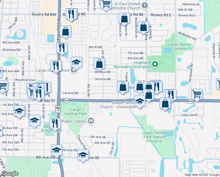 map of restaurants, bars, coffee shops, grocery stores, and more near 619 2nd Avenue Northeast in Largo
