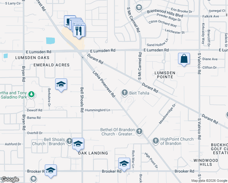 map of restaurants, bars, coffee shops, grocery stores, and more near 1605 Lithia Pinecrest Road in Brandon