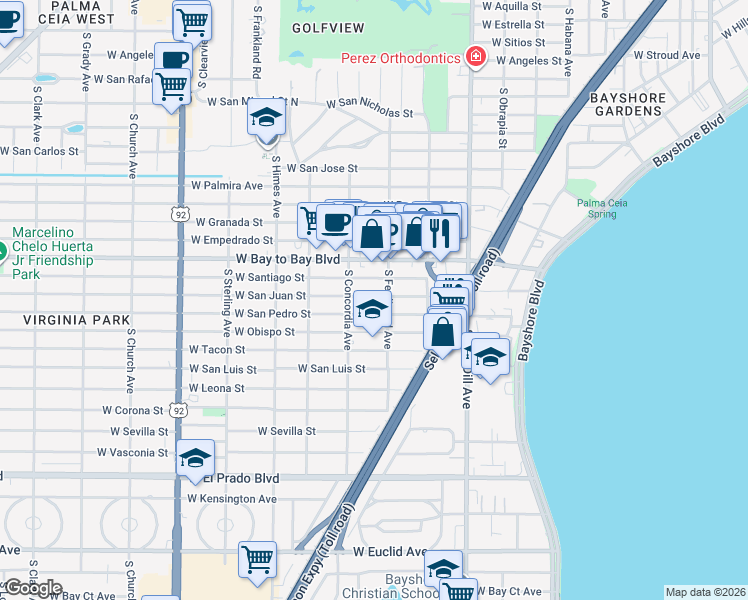 map of restaurants, bars, coffee shops, grocery stores, and more near 3219 West San Pedro Street in Tampa
