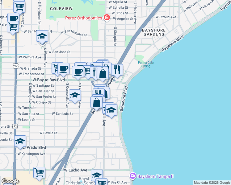 map of restaurants, bars, coffee shops, grocery stores, and more near 2906 Janice Way in Tampa