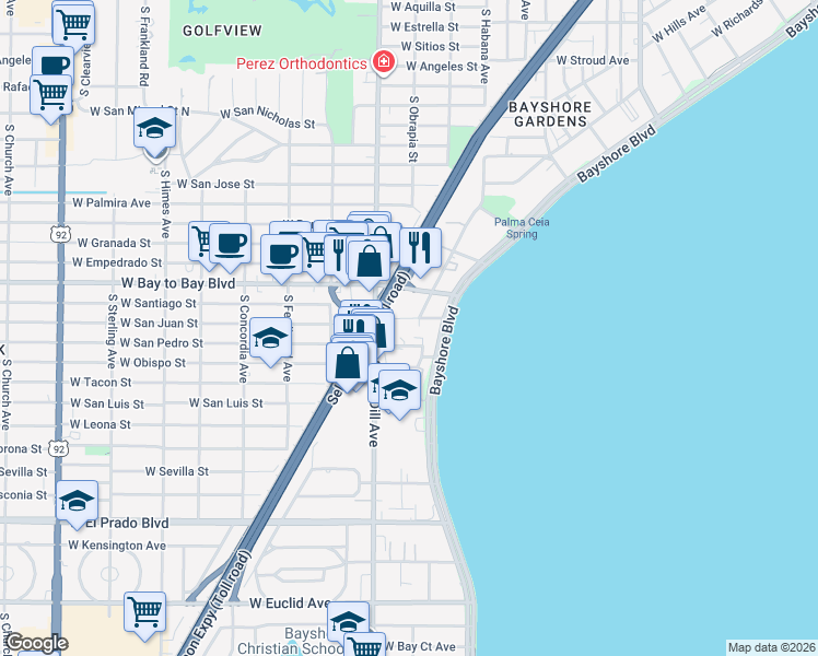map of restaurants, bars, coffee shops, grocery stores, and more near 3105 Bay Oaks Court in Tampa