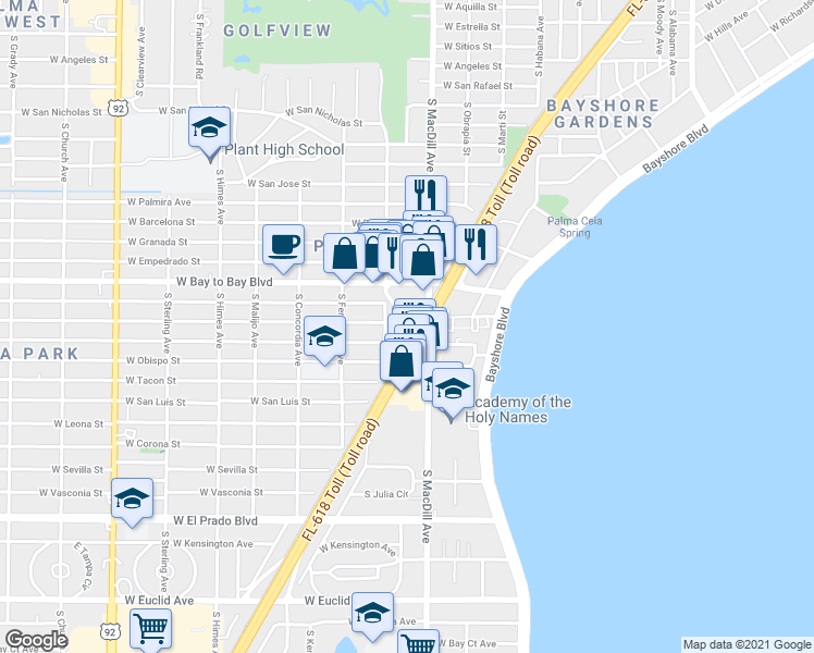 map of restaurants, bars, coffee shops, grocery stores, and more near 3102 West San Juan Street in Tampa