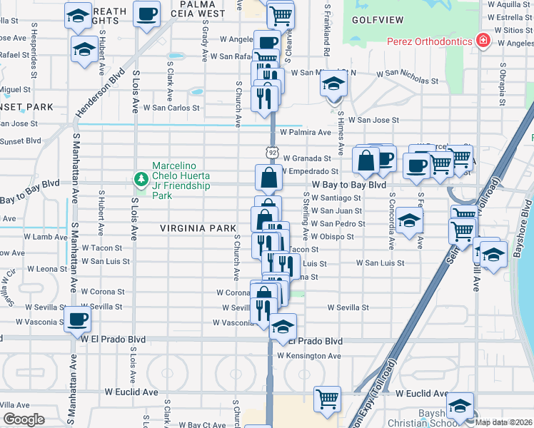 map of restaurants, bars, coffee shops, grocery stores, and more near 3113 South Dale Mabry Highway in Tampa