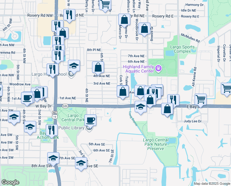 map of restaurants, bars, coffee shops, grocery stores, and more near 851 2nd Avenue Northeast in Largo