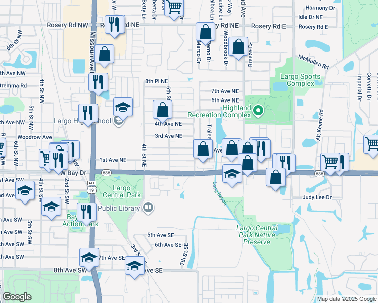 map of restaurants, bars, coffee shops, grocery stores, and more near 851 2nd Avenue Northeast in Largo