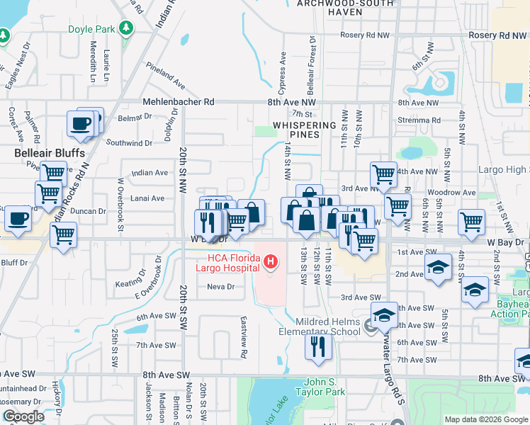 map of restaurants, bars, coffee shops, grocery stores, and more near 1597 Shirley Place in Largo