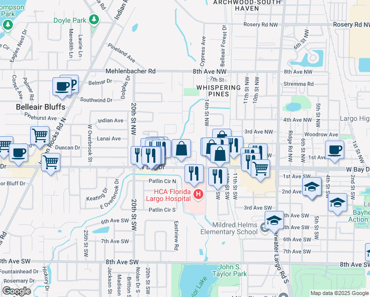 map of restaurants, bars, coffee shops, grocery stores, and more near 1597 Shirley Place in Largo