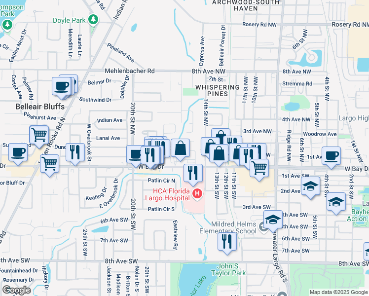 map of restaurants, bars, coffee shops, grocery stores, and more near 1597 Shirley Pl in Largo