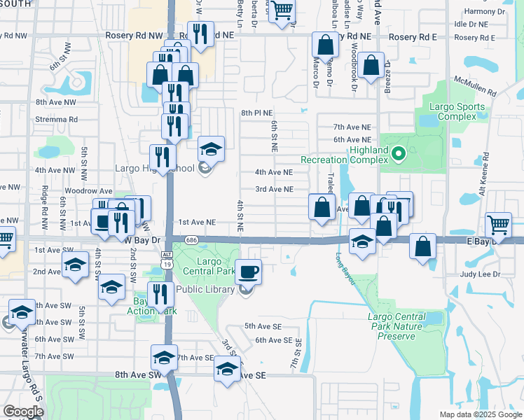 map of restaurants, bars, coffee shops, grocery stores, and more near 511 2nd Avenue Northeast in Largo