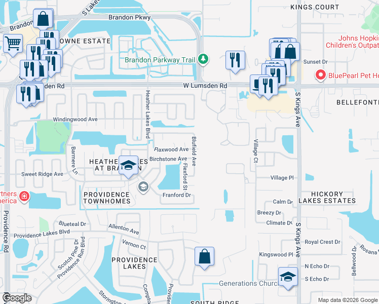 map of restaurants, bars, coffee shops, grocery stores, and more near 1303 Flaxwood Avenue in Brandon