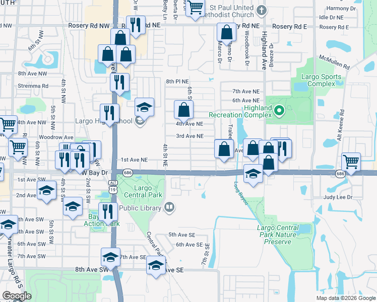 map of restaurants, bars, coffee shops, grocery stores, and more near 155 6th Street Northeast in Largo