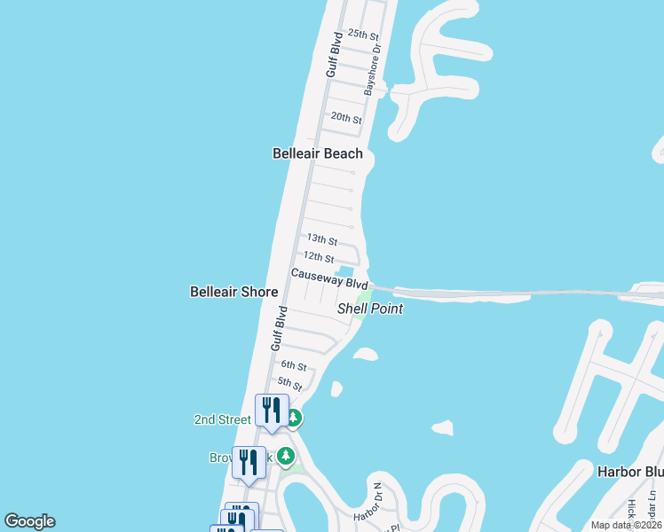 map of restaurants, bars, coffee shops, grocery stores, and more near 114 12th Street in Belleair Beach