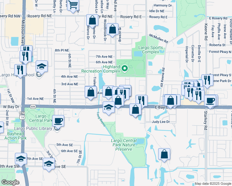 map of restaurants, bars, coffee shops, grocery stores, and more near in Largo