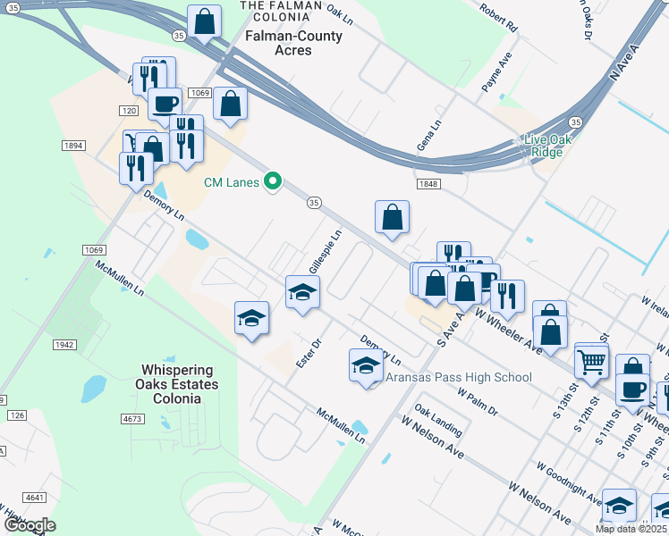 map of restaurants, bars, coffee shops, grocery stores, and more near 2107 West Wheeler Avenue in Aransas Pass