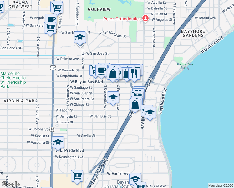 map of restaurants, bars, coffee shops, grocery stores, and more near 3219 West San Pedro Street in Tampa