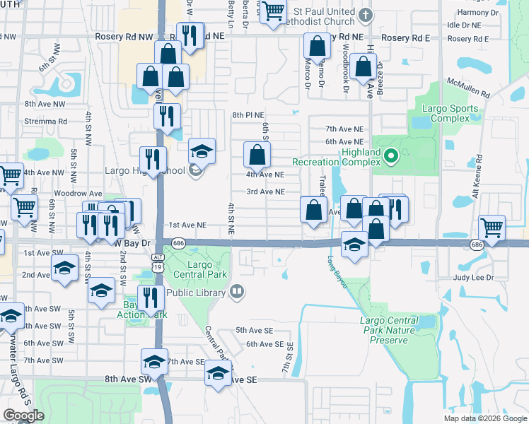 map of restaurants, bars, coffee shops, grocery stores, and more near 511 2nd Avenue Northeast in Largo