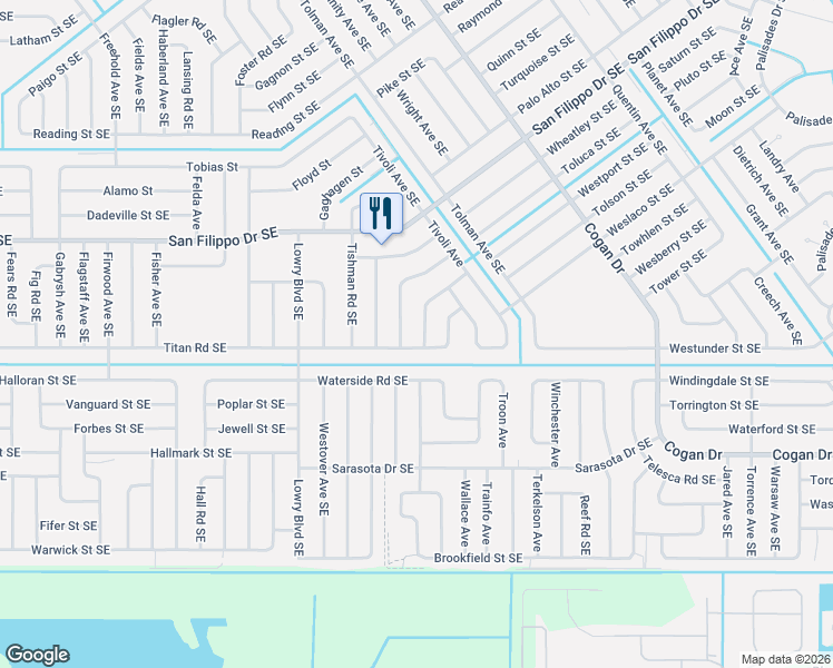 map of restaurants, bars, coffee shops, grocery stores, and more near 3097 Tazewell Avenue Southeast in Palm Bay