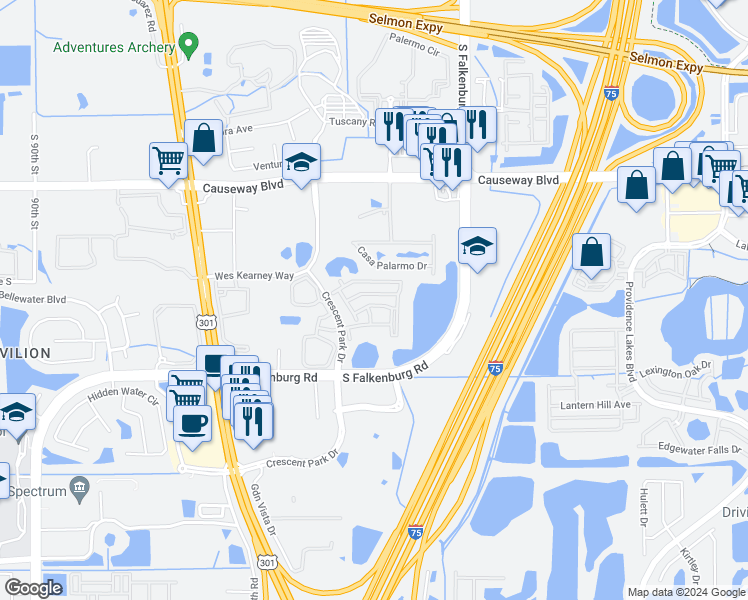 map of restaurants, bars, coffee shops, grocery stores, and more near 9906 Wiltshire Manor Drive in Riverview