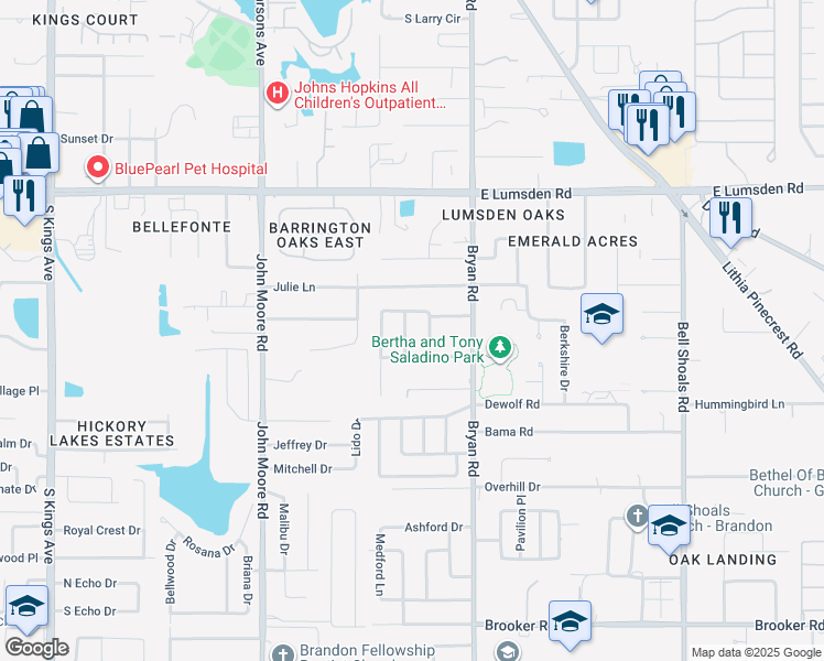 map of restaurants, bars, coffee shops, grocery stores, and more near 1410 Audrey Drive in Brandon