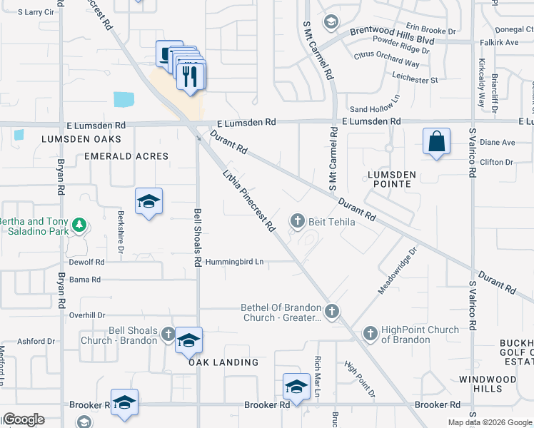 map of restaurants, bars, coffee shops, grocery stores, and more near 1605 Lithia Pinecrest Road in Brandon