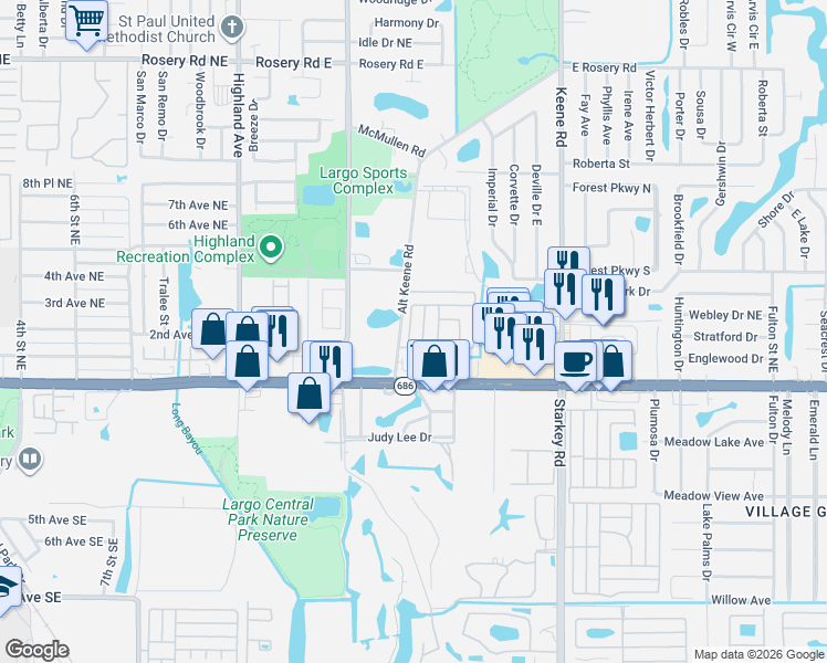 map of restaurants, bars, coffee shops, grocery stores, and more near 7 Plantation Drive in Largo