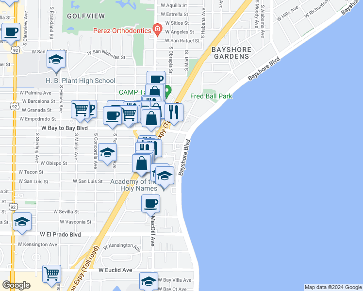 map of restaurants, bars, coffee shops, grocery stores, and more near 3108 Seaway Court in Tampa