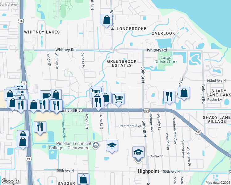 map of restaurants, bars, coffee shops, grocery stores, and more near 2151 Poinciana Terrace in Clearwater