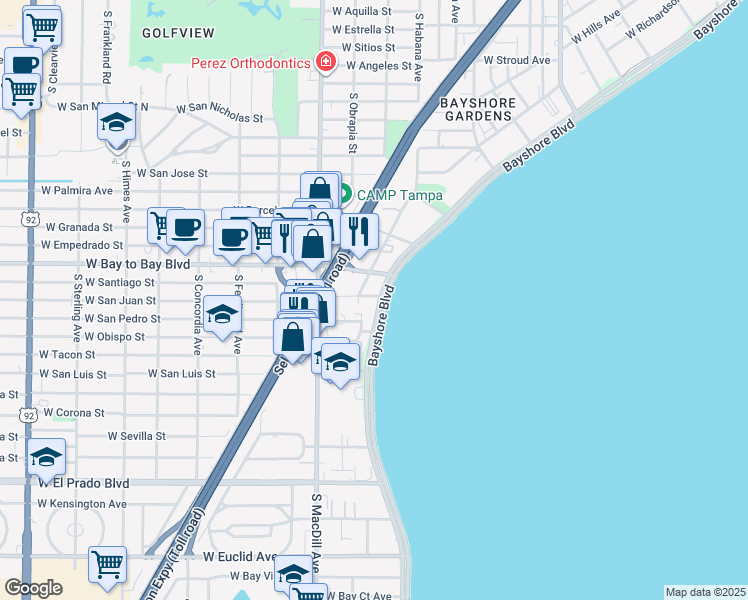 map of restaurants, bars, coffee shops, grocery stores, and more near 3101 Bayshore Boulevard in Tampa