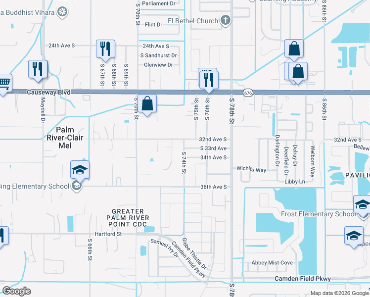 map of restaurants, bars, coffee shops, grocery stores, and more near 7407 South 33rd Avenue in Tampa