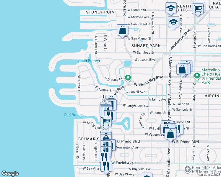 map of restaurants, bars, coffee shops, grocery stores, and more near 2640 South Dundee Street in Tampa